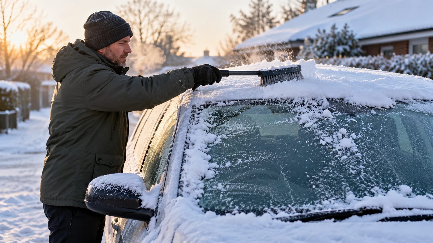 Clearing snow and ice from a car before driving